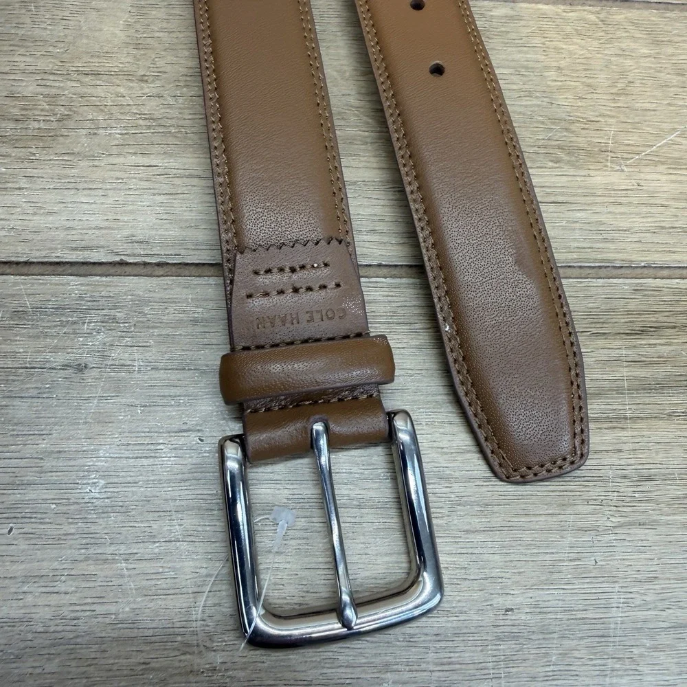 Cole Haan Leather Dress Belt Mens 44 Brown Detail Stitched Edge Silver Buckle